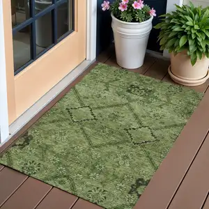 Photo of Olive Green Fern Green And Artichoke Green Floral Washable Indoor Outdoor Area Rug