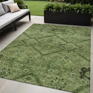 Photo of Olive Green Fern Green And Artichoke Green Floral Washable Indoor Outdoor Area Rug