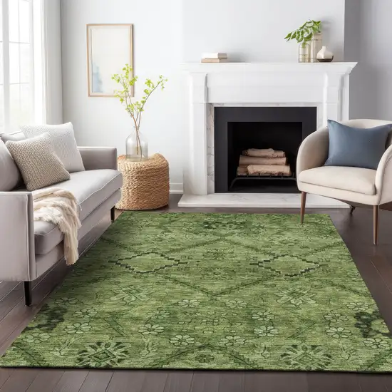 Olive Green Fern Green And Artichoke Green Floral Washable Indoor Outdoor Area Rug Photo 9