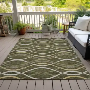 Photo of Olive Green Fern Green And Ivory Abstract Washable Indoor Outdoor Area Rug