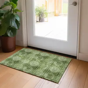 Photo of Olive Green Floral Medallion Washable Non Skid Indoor Outdoor Area Rug