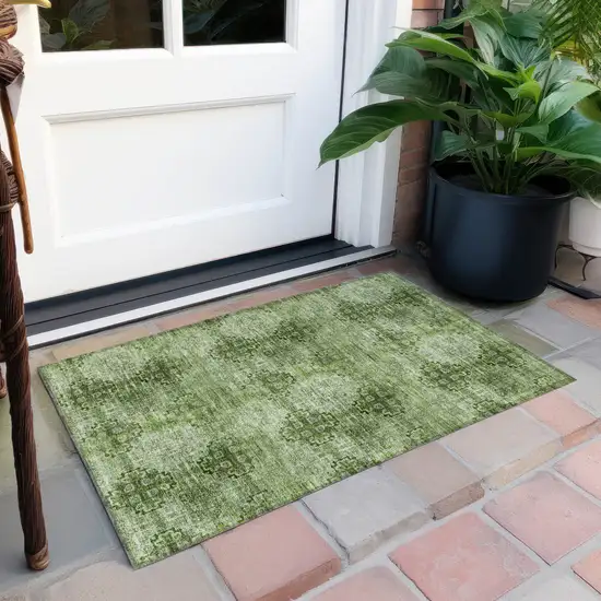 Olive Green Floral Medallion Washable Non Skid Indoor Outdoor Area Rug Photo 7