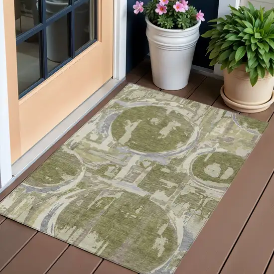 Olive Green Gray And Beige Geometric Washable Indoor Outdoor Area Rug Photo 1