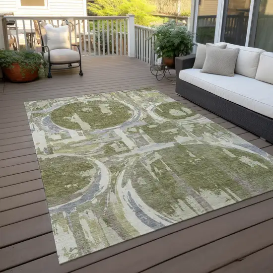 Olive Green Gray And Beige Geometric Washable Indoor Outdoor Area Rug Photo 9