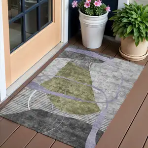 Photo of Olive Green Gray And Charcoal Abstract Washable Indoor Outdoor Area Rug