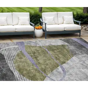 Photo of Olive Green Gray And Charcoal Abstract Washable Indoor Outdoor Area Rug