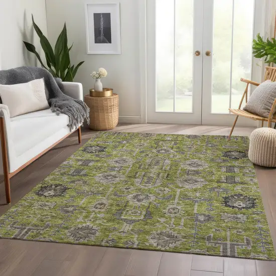 Olive Green Gray And Charcoal Oriental Washable Indoor Outdoor Area Rug Photo 8