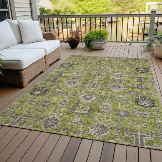 Olive Green Gray And Charcoal Oriental Washable Indoor Outdoor Area Rug Photo 7