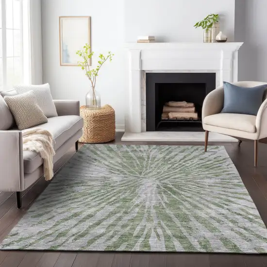 Olive Green Gray And Silver Abstract Washable Indoor Outdoor Area Rug Photo 9