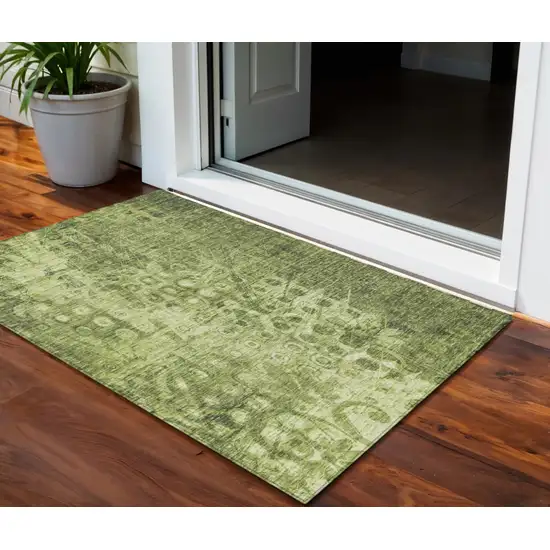 Olive Green Ikat Washable Non Skid Indoor Outdoor Area Rug Photo 1