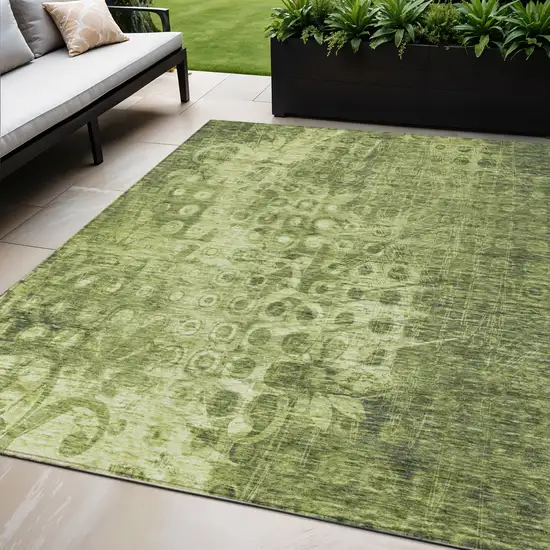 Olive Green Ikat Washable Non Skid Indoor Outdoor Area Rug Photo 1