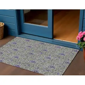 Photo of Olive Green Sage And Purple Floral Washable Indoor Outdoor Area Rug