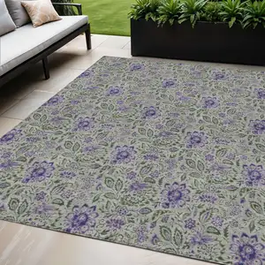 Photo of Olive Green Sage And Purple Floral Washable Indoor Outdoor Area Rug