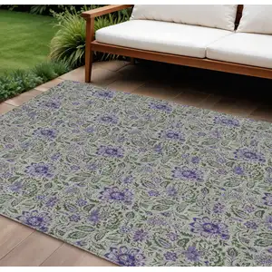 Photo of Olive Green Sage And Purple Floral Washable Indoor Outdoor Area Rug