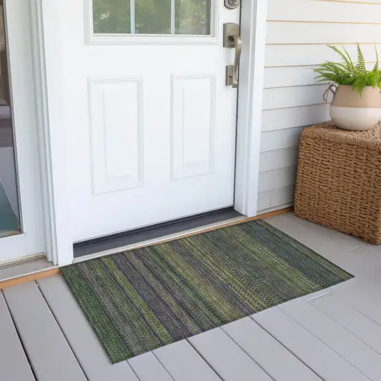 Olive Green Striped Washable Non Skid Indoor Outdoor Area Rug Photo 8