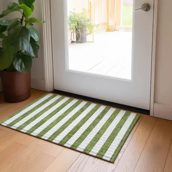 Olive Green Striped Washable Non Skid Indoor Outdoor Area Rug Photo 9