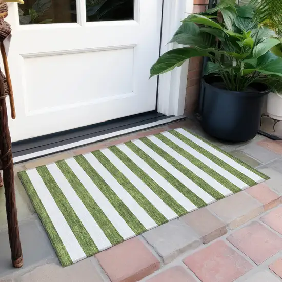 Olive Green Striped Washable Non Skid Indoor Outdoor Area Rug Photo 8