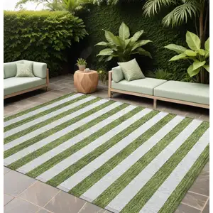 Photo of Olive Green Striped Washable Non Skid Indoor Outdoor Area Rug