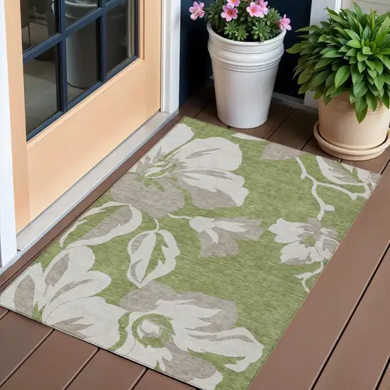 Olive Green Taupe And Beige Floral Washable Indoor Outdoor Area Rug Photo 1