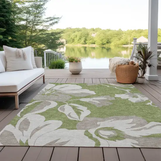 Olive Green Taupe And Beige Floral Washable Indoor Outdoor Area Rug Photo 9