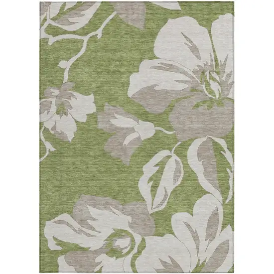 Olive Green Taupe And Beige Floral Washable Indoor Outdoor Area Rug Photo 8