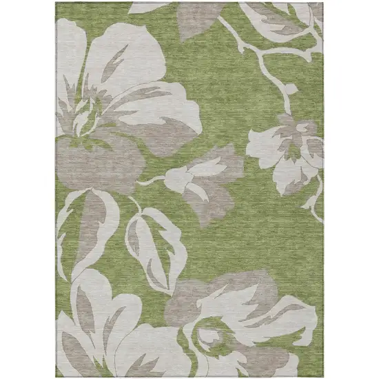 Olive Green Taupe And Beige Floral Washable Indoor Outdoor Area Rug Photo 2