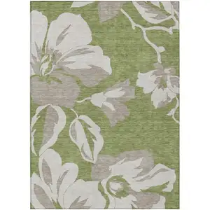 Photo of Olive Green Taupe And Beige Floral Washable Indoor Outdoor Area Rug