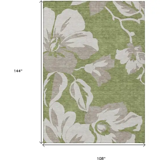 Olive Green Taupe And Beige Floral Washable Indoor Outdoor Area Rug Photo 3