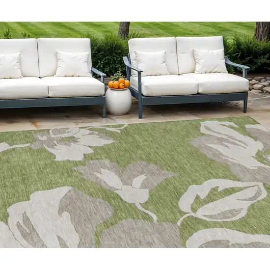 Olive Green Taupe And Beige Floral Washable Indoor Outdoor Area Rug Photo 1