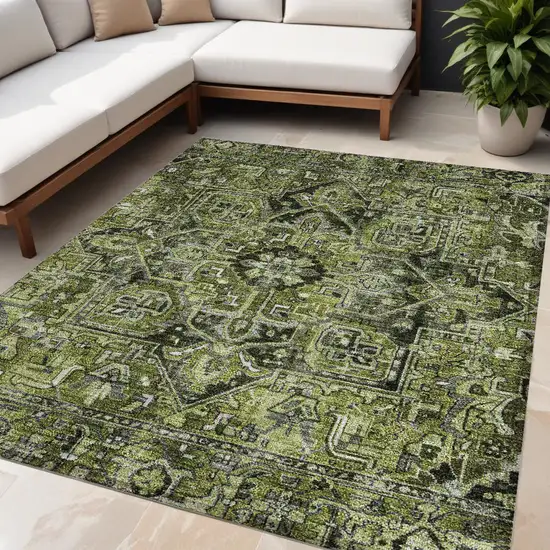 Olive Green and Dark Green Oriental Washable Non Skid Indoor Outdoor Area Rug Photo 1