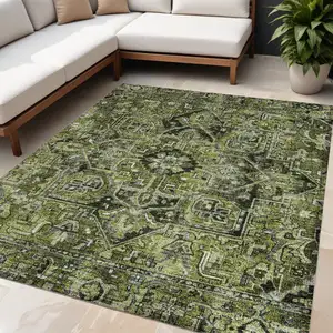 Photo of Olive Green and Dark Green Oriental Washable Non Skid Indoor Outdoor Area Rug