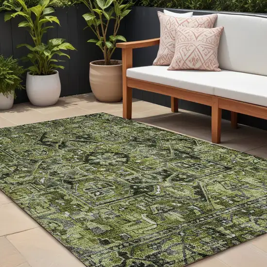 Olive Green and Dark Green Oriental Washable Non Skid Indoor Outdoor Area Rug Photo 1