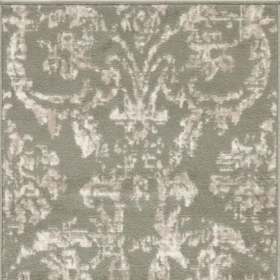 Olive Green and Ivory Damask Distressed Area Rug Photo 6