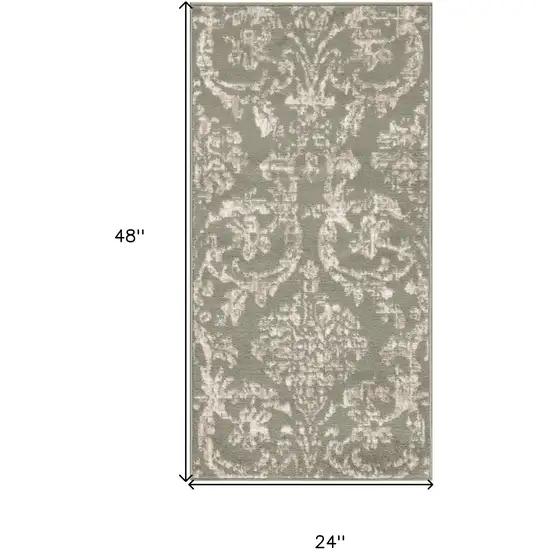 Olive Green and Ivory Damask Distressed Area Rug Photo 3