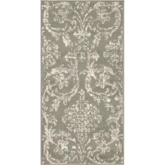 Olive Green and Ivory Damask Distressed Area Rug Photo 2