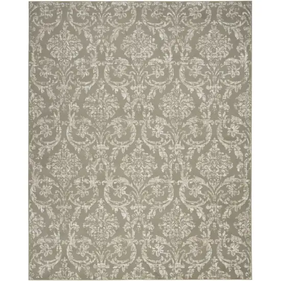 Olive Green and Ivory Damask Distressed Non Skid Area Rug Photo 2