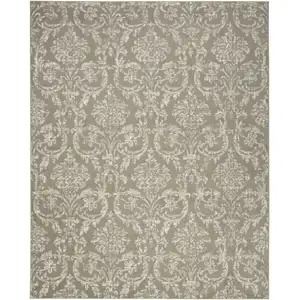 Photo of Olive Green and Ivory Damask Distressed Non Skid Area Rug