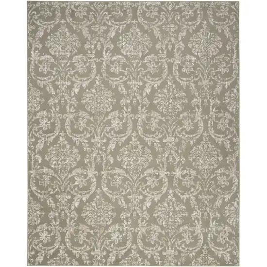 Olive Green and Ivory Damask Distressed Non Skid Area Rug Photo 4