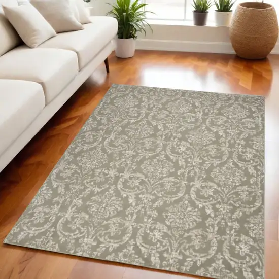 Olive Green and Ivory Damask Distressed Non Skid Area Rug Photo 1