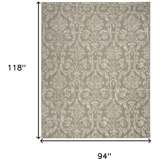 Olive Green and Ivory Damask Distressed Non Skid Area Rug Photo 3