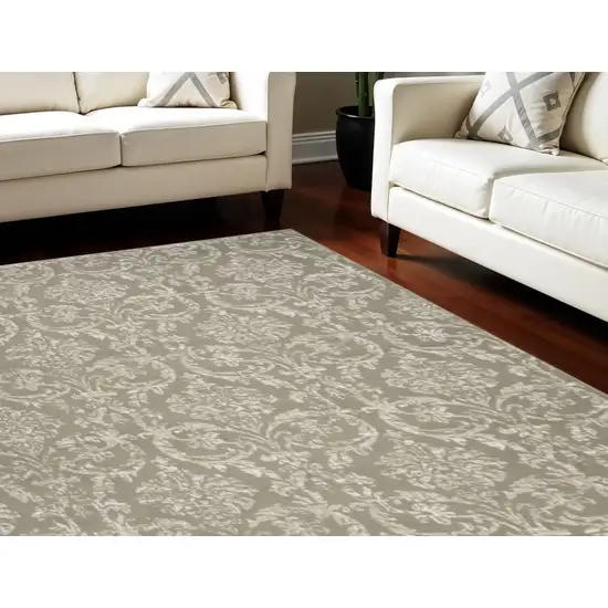 Olive Green and Ivory Damask Distressed Non Skid Area Rug Photo 1