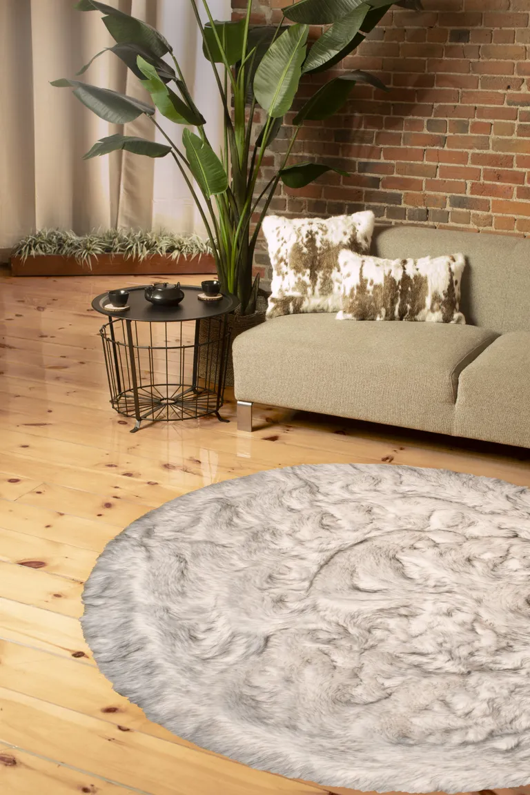 Ombre Grey Round Faux Fur Washable Non Skid Area Rug Photo 3