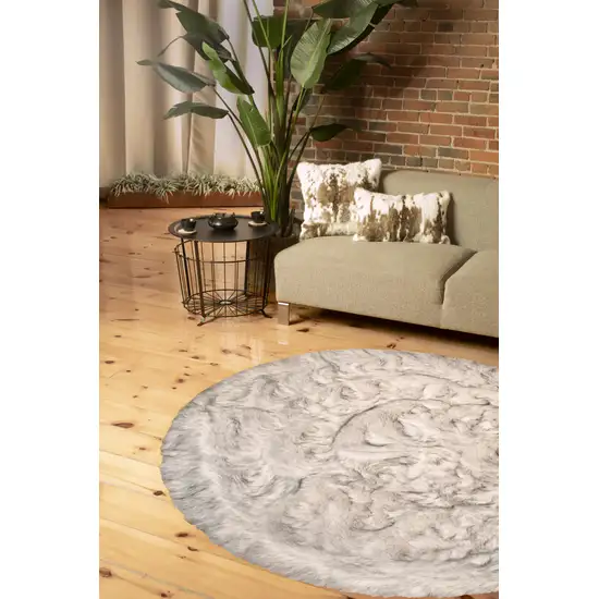 Ombre Grey Round Faux Fur Washable Non Skid Area Rug Photo 3