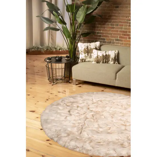 Ombre Tan Round Faux Fur Washable Non Skid Area Rug Photo 3