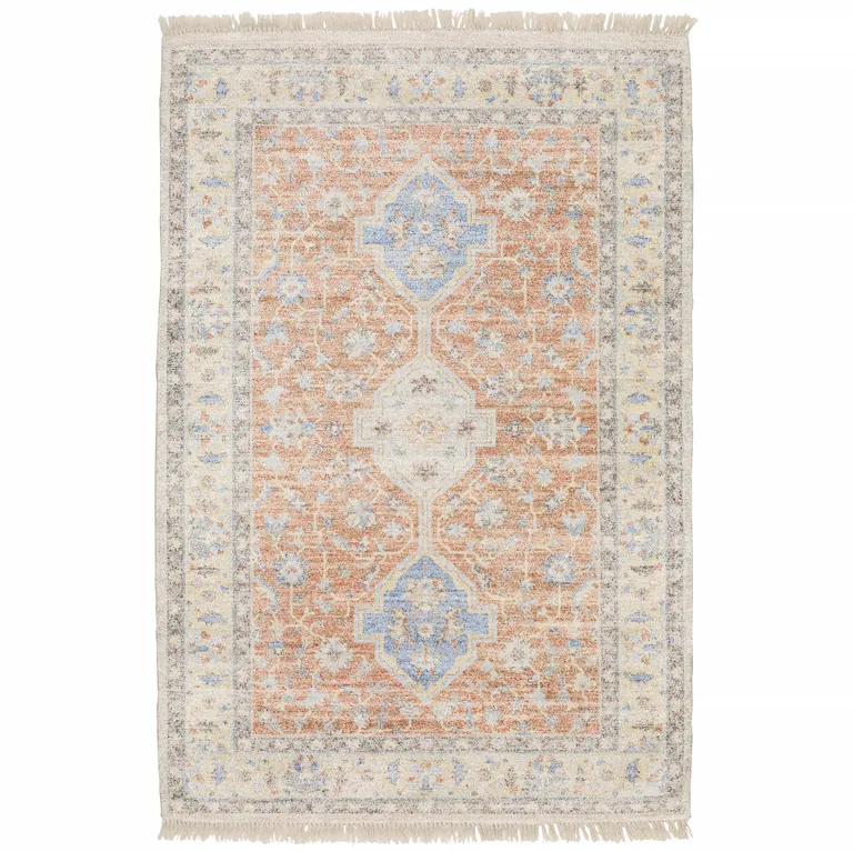 Orange And Blue Oriental Hand Loomed Stain Resistant Area Rug With Fringe Photo 1