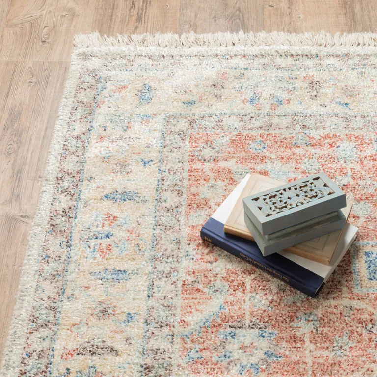 Orange And Blue Oriental Hand Loomed Stain Resistant Runner Rug With Fringe Photo 3