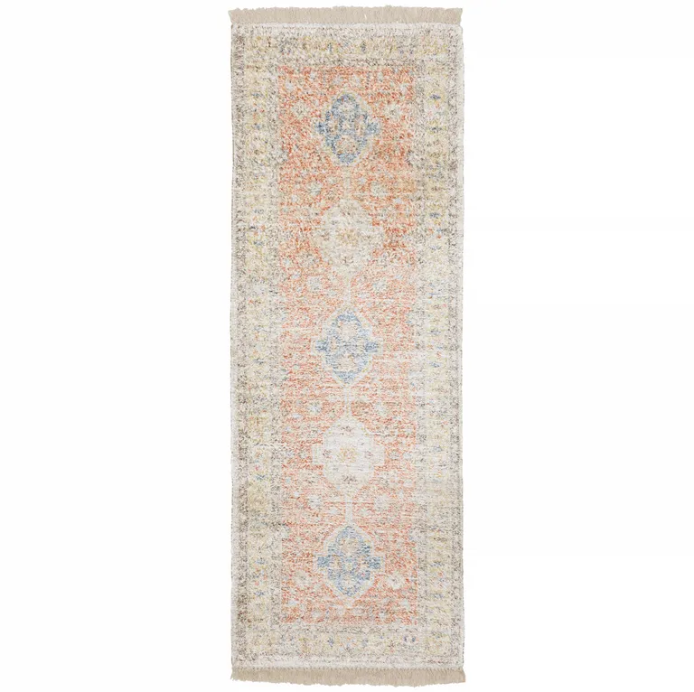 Orange And Blue Oriental Hand Loomed Stain Resistant Runner Rug With Fringe Photo 1