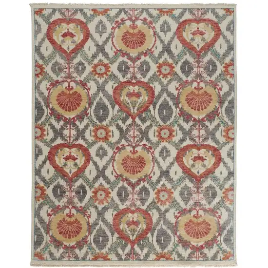 Orange and Ivory Wool Floral Hand Knotted Area Rug Photo 2