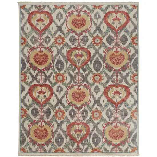 Orange And Gray Wool Floral Hand Knotted Stain Resistant Area Rug Photo 2