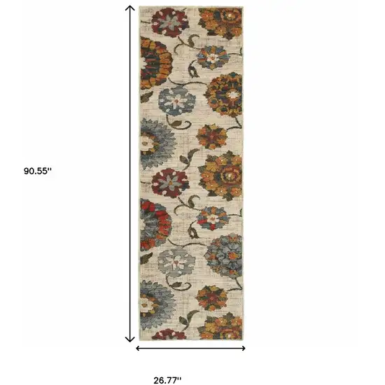 Orange And Ivory Floral Power Loom Runner Rug Photo 6